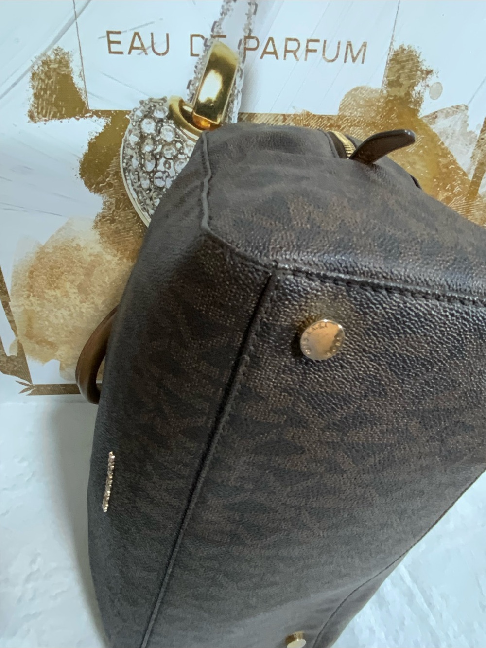 Michael Kors Dark Brown Monogram Satchel with Tan Handles - Picture 6 of 14